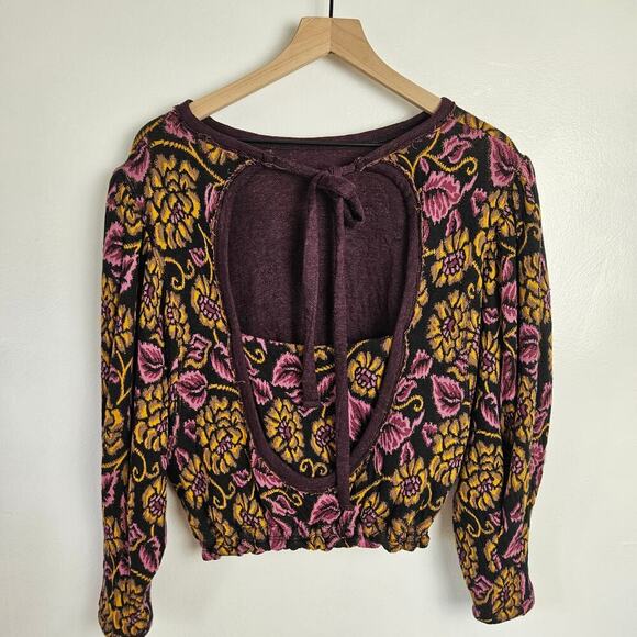 Free People No‎ Ordinary Top Jaquard Sweatshirt M Black Purple Floral Cropped - Picture 10 of 12